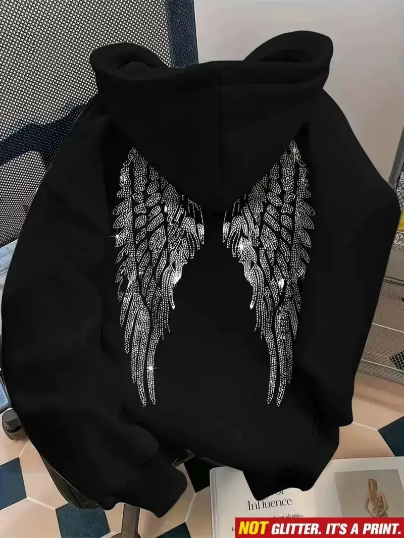 Sequin Angel Hoodie | Black